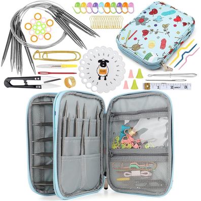 Edelstahl Rundstricknadeln 80 cm Tasche 9 Stück Set Nadellehre Strickzubehör