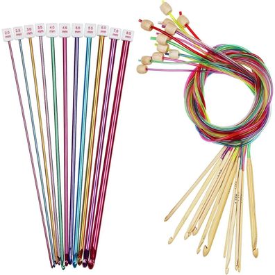 Tunesische Häkelnadeln Set 23 Stück Aluminium Bambus 2,0-8,0 mm