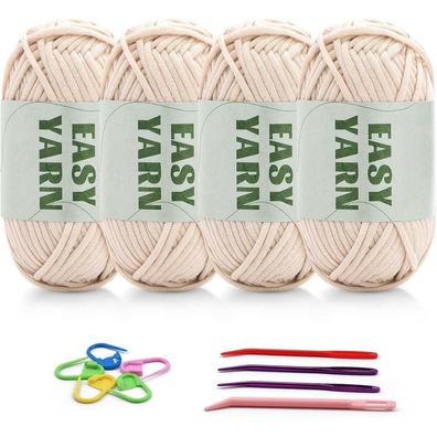 4 Stück Beige 50g Baumwoll-Nylon-Mischgarn Häkelgarn mit Häkelzubehör