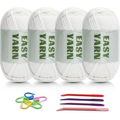 4er Set Weißes Häkel- und Strickgarn Anfänger Baumwolle-Nylon-Mischgarn