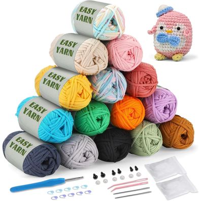 15er Set Easy Häkelgarn Anfänger 15x50, Dickes Baumwollgarn, Tshirt Garn