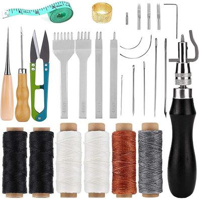Leder Nähwerkzeug Set 26-teilig Hand Nähen Kit mit Wachsfaden & Zubehör