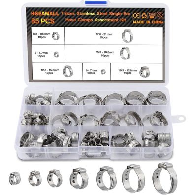 85-teiliges Edelstahl Einzelohrschlauchschellen-Set 7-21mm Sortiment Clamp Kit