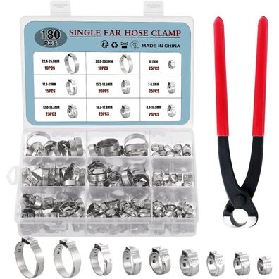 180-teiliges Edelstahl Einohr-Schlauchschellen Set 6-25,6mm + Zange