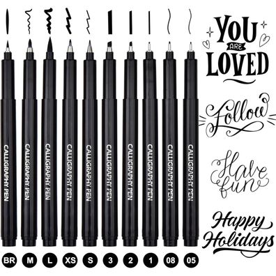 DealKits 10 Schwarz Kalligraphie Stifte Set Pinselstifte 10 Größen für Anfänger