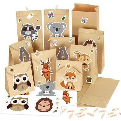 Adventskalender Kraftpapiertüten Waldtiere 24 Zahlen Aufkleber