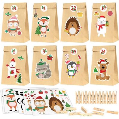 Adventskalender zum Basteln für Kinder, 24 Kraftpapiertüten + Aufkleber