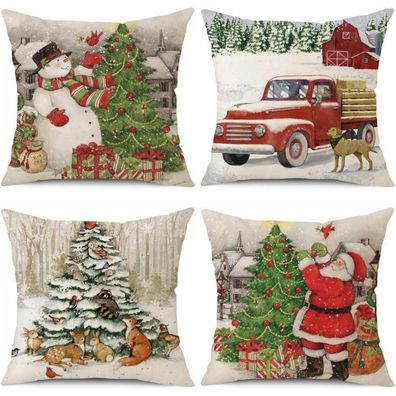 4er Set Weihnachten Kissenbezüge Leinen Deko Zierkissenbezüge Santa Sofa Couch