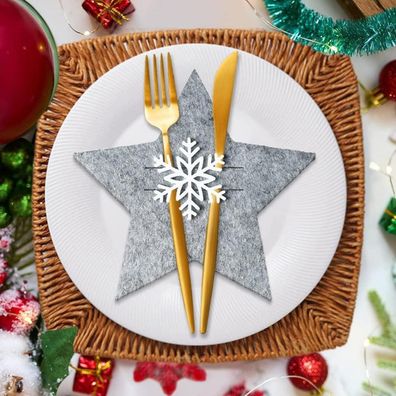 Weihnachten Besteckhalter Filz 12 Stück Stern Grau Tischdekoration