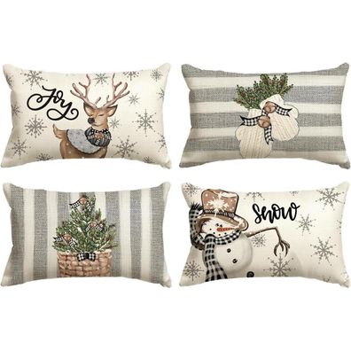 Weihnachten Kissenbezüge Rentier Schneemann 4er Set 30x50 cm Grau