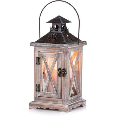 Sziqiqi Laterne Vintage Holz Metall Deko 28cm Antik Beige