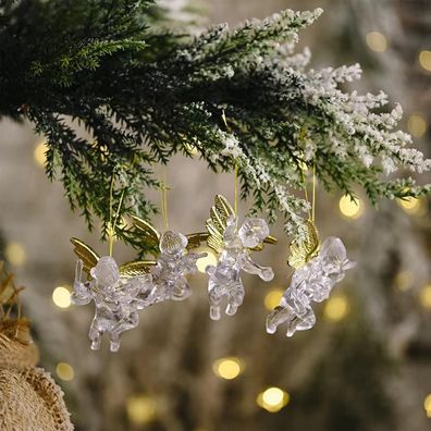 12x Kleine Engel Weihnachtsbaum Anhänger Goldene Flügel Acryl Translucent
