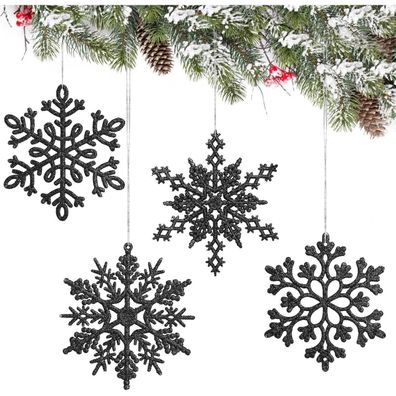 24 Schwarz Glitzer Schneeflocken Weihnachtsbaum Deko Anhänger Set