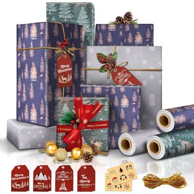 Weihnachtspapier Geschenkpapier Vintage Set 3 Rollen 15m Winter Dekor