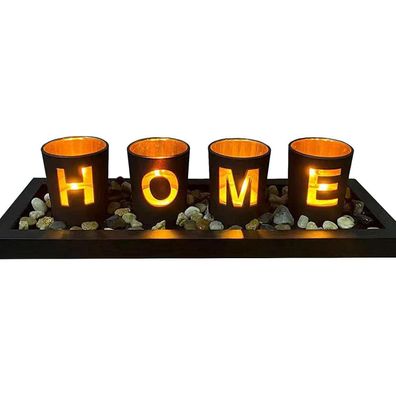 Home Teelichthalter Porzellan Schwarz Gold Lichteffekte Holz Tablett