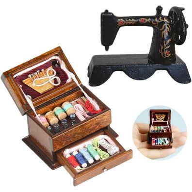 Miniatur Nähmaschine Nähkästchen 3-Schicht Weihnachten Puppenhaus Vintage