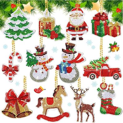 Owlfun 12er Set 5D Diamond Painting Weihnachten Kinder DIY Schlüsselanhänger