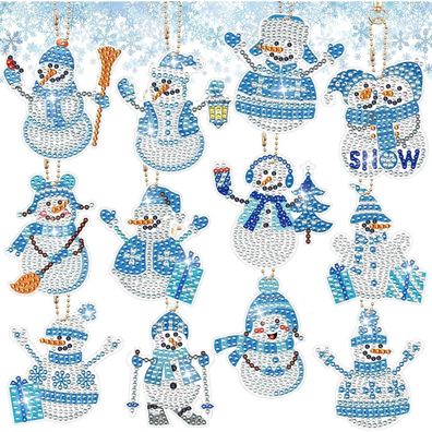 12 Stück Schneemann Diamond Painting Weihnachtsdeko Schlüsselanhänger DIY Kit