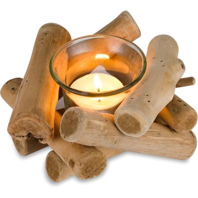 Rustikaler Kerzenständer Vintage Holz Teelichthalter Glas Windlicht 1 Stück