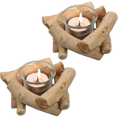 Rustikale Kerzenständer Teelichthalter Holz 2er Set mit Glas Windlicht