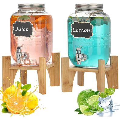 Hiziwimi 4L Glas Getränkespender mit Wasserhahn und Bambusständer 2er Set