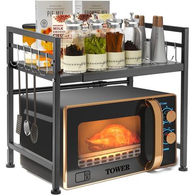 Mikrowellenregal aus Kohlenstoffstahl 2-stufig Organizer mit 10 Haken, Schwarz