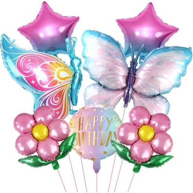 7er Schmetterling Folienballon XXL Bunt Blumen Stern Luftballons