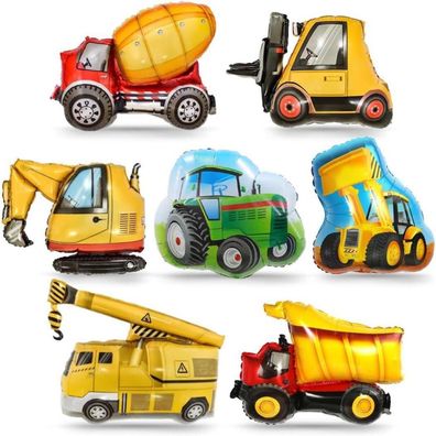 7tlg. Baustellen Party Luftballons Set für Jungen, XXL Bagger Traktor Bulldozer