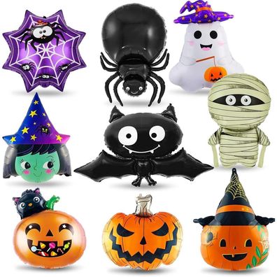 9 x Halloween Folienballon XXL Kürbis Hexe Geist Fledermaus Spinnweben Ballon