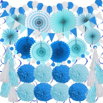 Zerodeco Party Deko Blau Papier Pompoms Girlande Geburtstag Hochzeit 41er Set