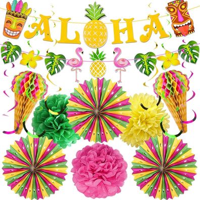 16-teiliges Tropical Summer Beach Party Deko Set Aloha Thema, Flamingo & Tiki