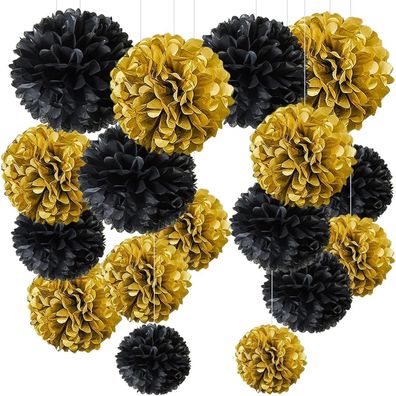 Pompons Deko Schwarz Gold 20 Stück Seidenpapier Poms Neujahr Silvester Abschluss