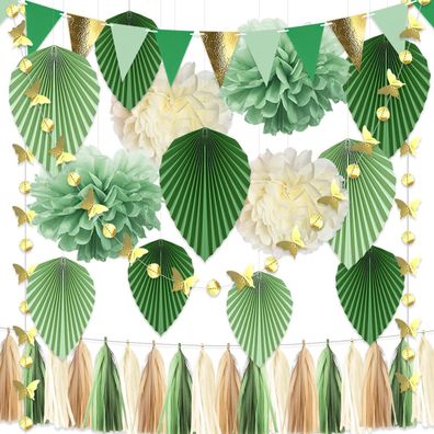 Party Deko Set grün gold 15-teilig - Blumenbälle Tassel Girlande Wimpel