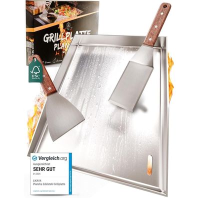 LIKAYA® Grillplatte/Plancha 30x40x4cm V2A Edelstahl inkl. Grillspachteln