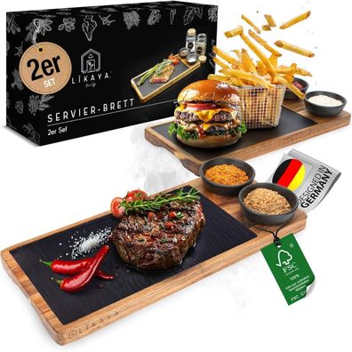 LIKAYA Servierbrett Set Akazienholz Schieferplatte Saucen Schüsseln Grill Steak