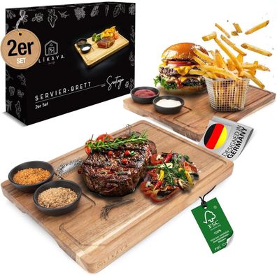 LIKAYA® Servierbrett XXL Set Akazien-Holz mit Saucen Schüsseln BBQ Grill