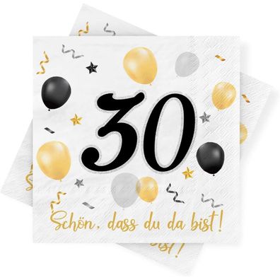 30. Geburtstag Servietten Schwarz Gold Party Deko 30 Stück 3-lagig