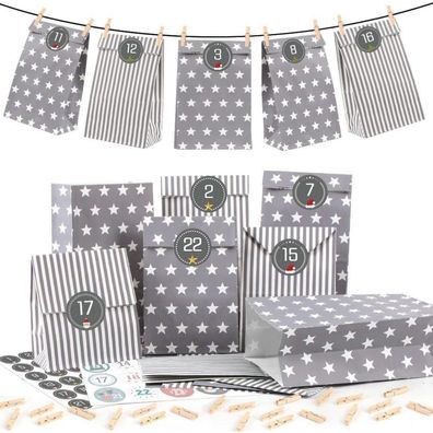 Adventskalender Grau 25 Papiertüten mit Zahlenaufklebern