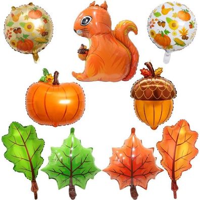9er Thanksgiving Folienballon Set XXL Kürbis Eichhörnchen Eichel Ahornblätter