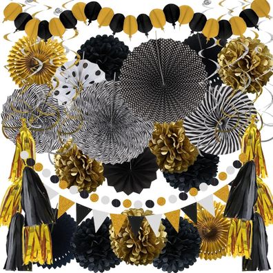Zerodeco Party Deko 41 Stück Schwarz Gold Papier Pompoms Girlande für Geburtstag