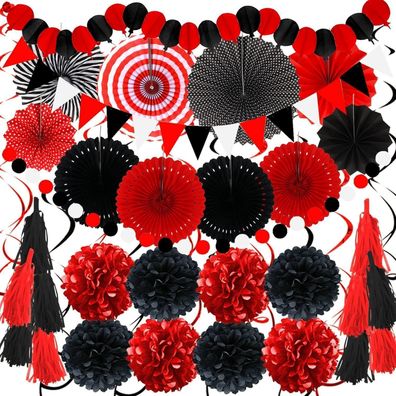 Zerodeco 41tlg. Schwarz Rot Papier Party Deko Set Pompoms Girlande