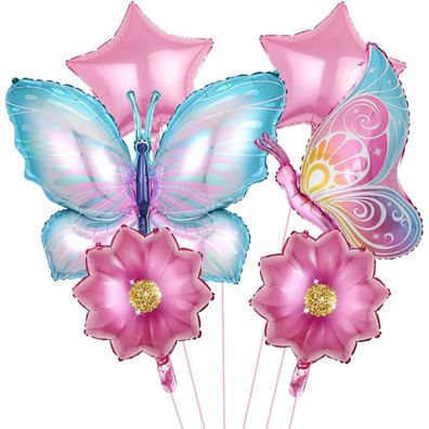 6 Stück Schmetterling Folienballon Blumen Stern Rosa Luftballon Kinderparty