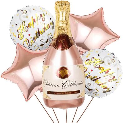 5x Champagne Folienballon Weinflasche XXL Rosegold Sektflasche Helium Rosa Stern