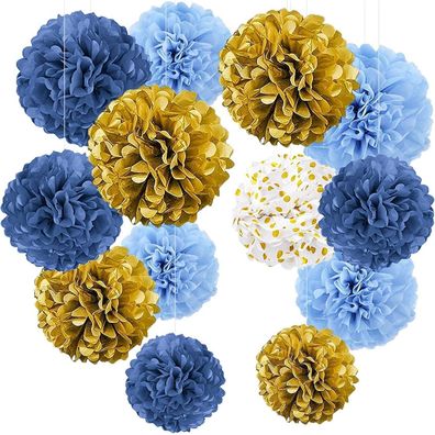 Deko Pompons Lampions Hochzeit Einschulung Gold Blau 13 Stück Ozeanlicht