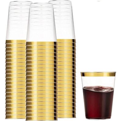 50 Stück Plastikbecher mit Goldrand 360ml Elegante Party Weingläser