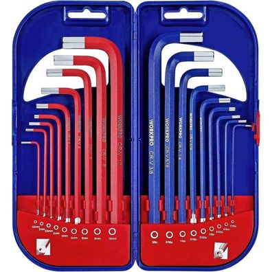 Workpro Innensechskantschlüssel Set 18tlg. Metrisch & Zoll 1,5-10 Langarm