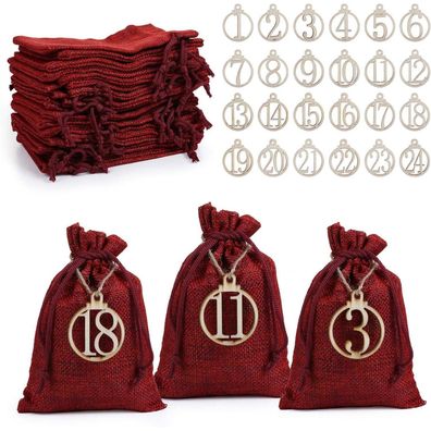 LIHAO Adventskalender Jutesäckchen Rot Weihnachten 24 Stück Zahlen Holz Deko