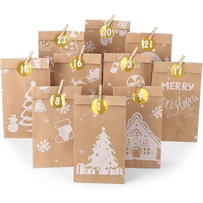 Adventskalender zum Befüllen 24 Tüten Weihnachtskalender Aufkleber Holzklemme