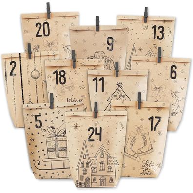 Adventskalender Kraftpapiertüten 24 Weihnachtsmotive Aufkleber Selbstbefüllen