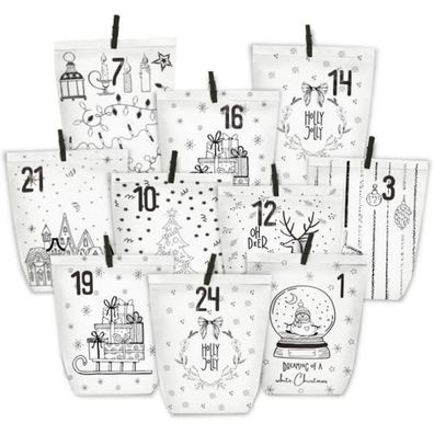 Adventskalender Kraftpapiertüten 24 Weihnachten Motive Aufkleber